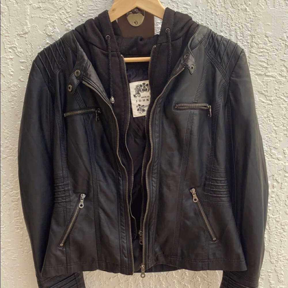 Vintage Hooded Faux Leather Biker Jacket